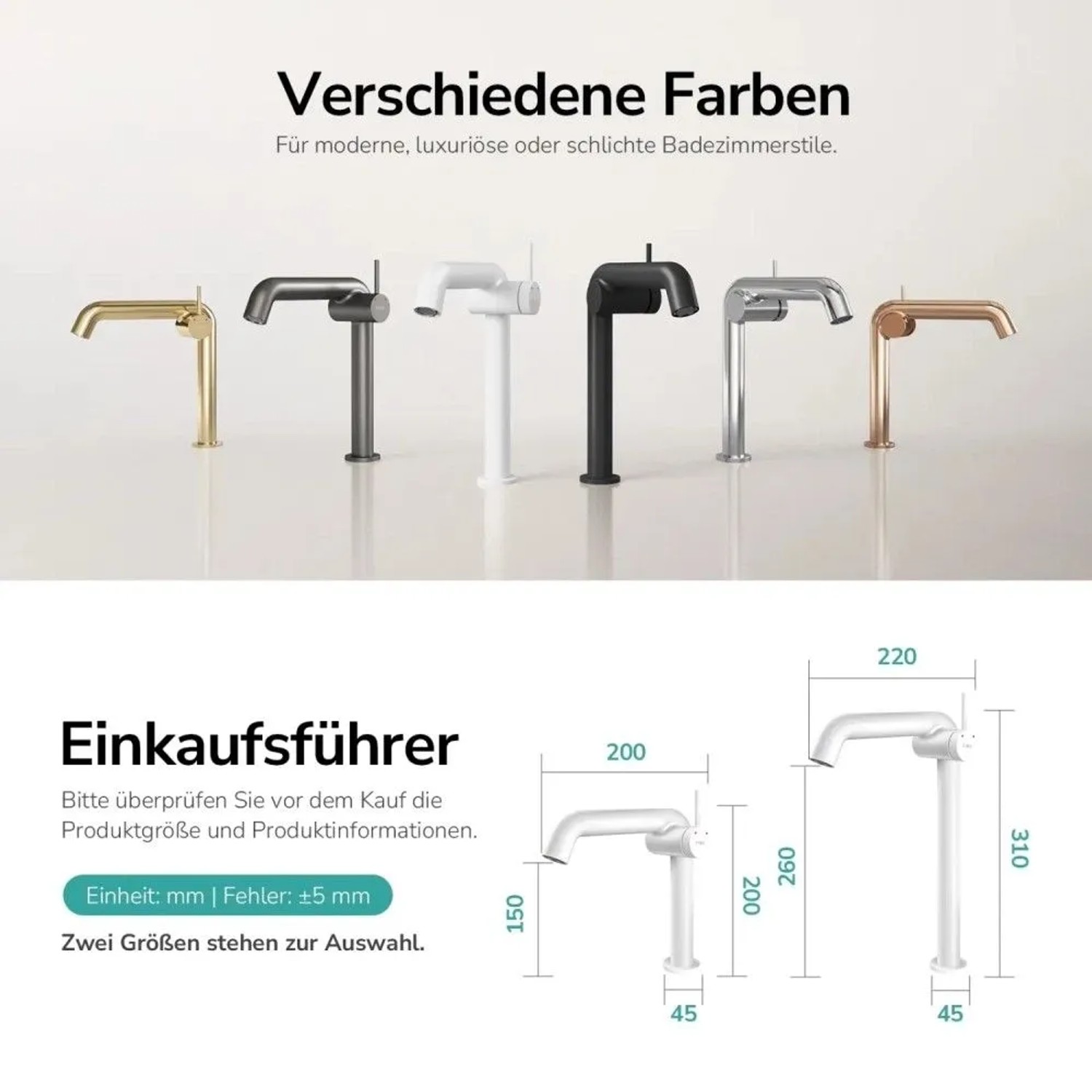 Emke Waschtischarmatur in Gold, Schwarz, Weiß, Chrom, Roségold mit Maßzeichnungen. Modernes Bad-Design.