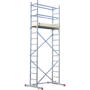 Krause Corda Montagegerüst, Arbeitshöhe ca. 5 m, fahrbar und für Treppen geeignet.