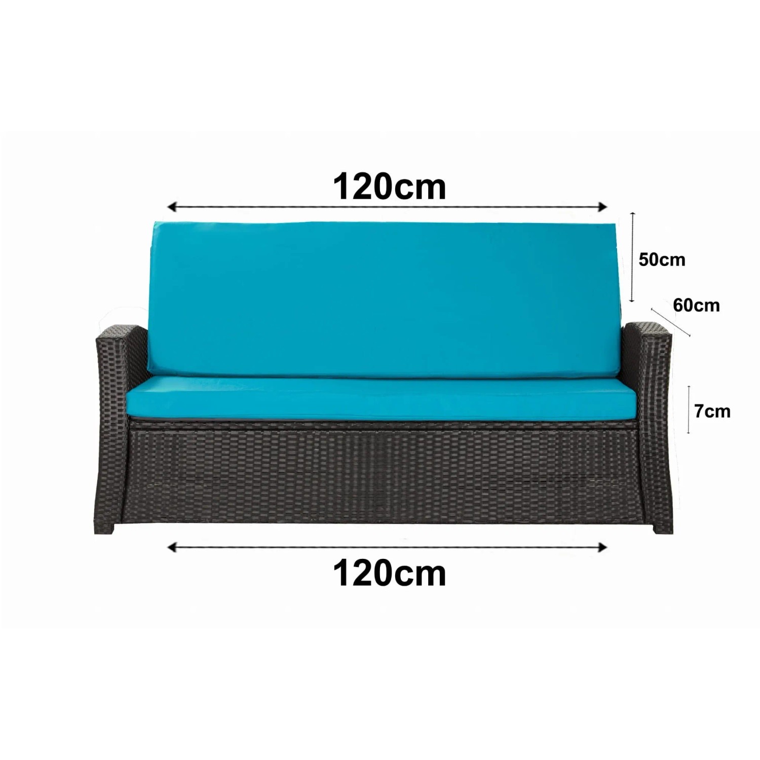 Blaues Gartenkissen-Set für 2-Sitzer Polyrattan-Gartensofa, 120x60x50 cm.