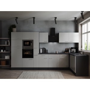 Respekta Winkelküche Oliver 370 cm in Weiß und Grau mit Elektrogeräten und Granit Optik Arbeitsplatte.