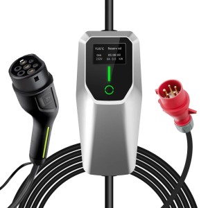 Junsun Typ 2 11kW EV Ladegerät mit silberner Steuerung, Display, schwarzem Typ 2 Stecker und rotem CEE Stecker.