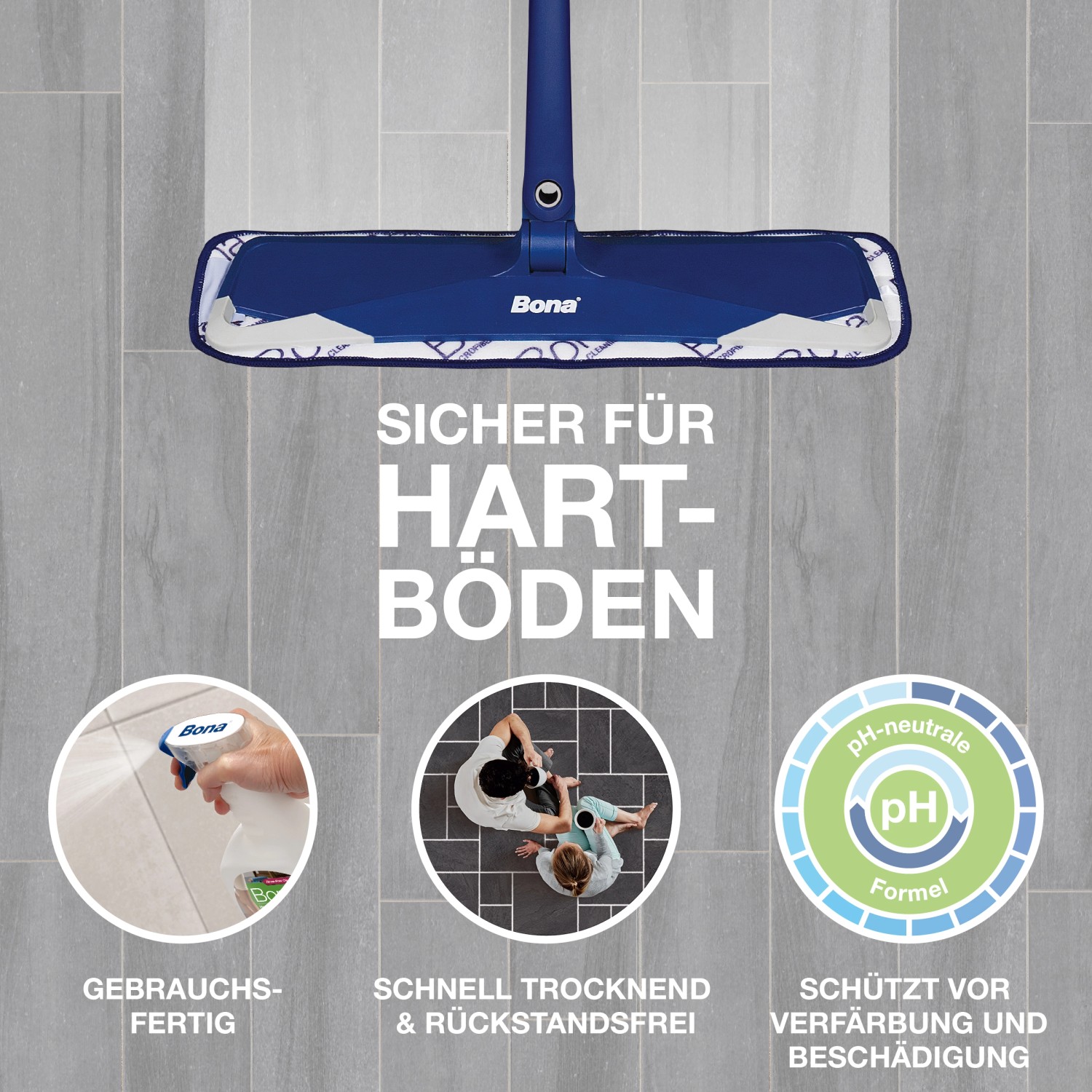 Bona Stein-, Fliesen- und Laminatreiniger Spray 1 l mit Wischmopp auf Fliesenboden.