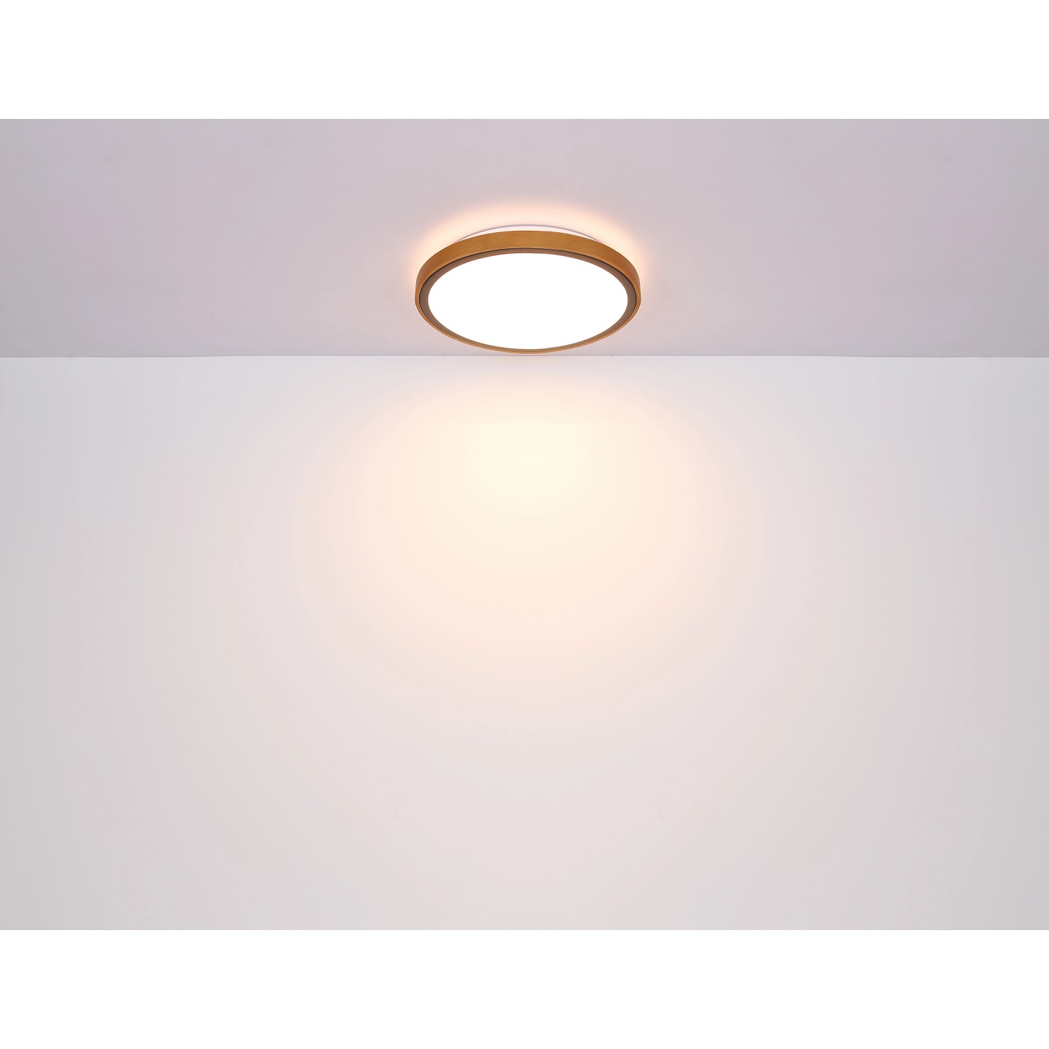 Moderne LED-Deckenleuchte Bruno von Globo, schwarz matt mit Holzrahmen, dimmbar.