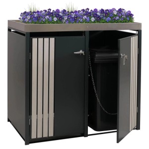 Anthrazitfarbene 2er-Mülltonnenbox mit Pflanzkasten in Holzoptik hell, 125x132x84cm.