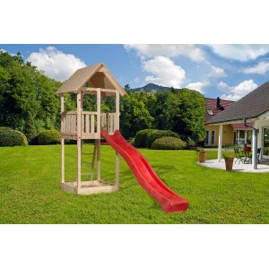 Tabaluga Drachenturm Spielturm mit roter Wellenrutsche im Garten.