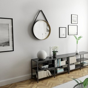 Runder DSK Design Spiegel Black Primavera, Ø 55cm, mit schwarzem Lederband und goldfarbenem Rahmen.