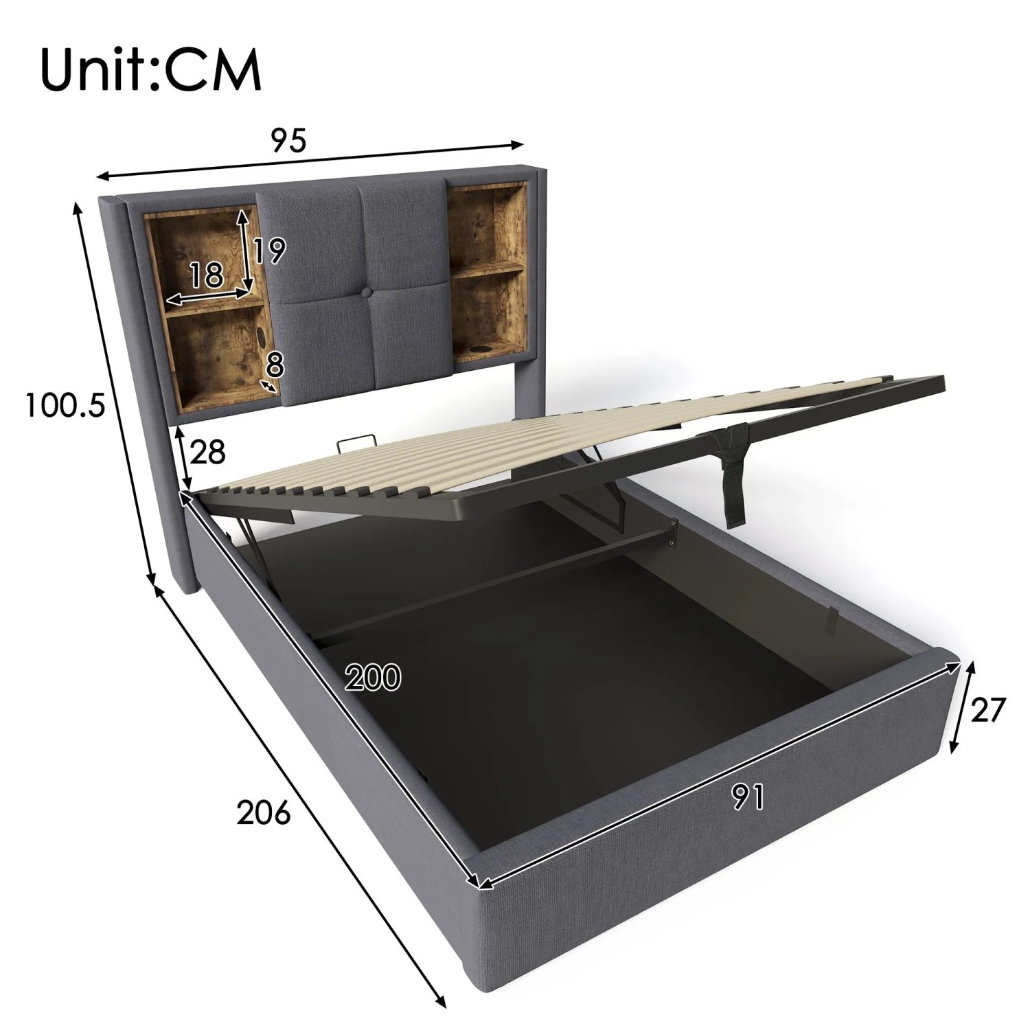 okwish Polsterbett 90x200cm mit USB C Laden Schlafzimmer Grau Leinen ohne Matratze_5