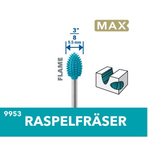 Dremel Raspelfräser Max 9953, flammenförmig, Ø 9,5 mm, Zubehör für Miniaturwerkzeuge.