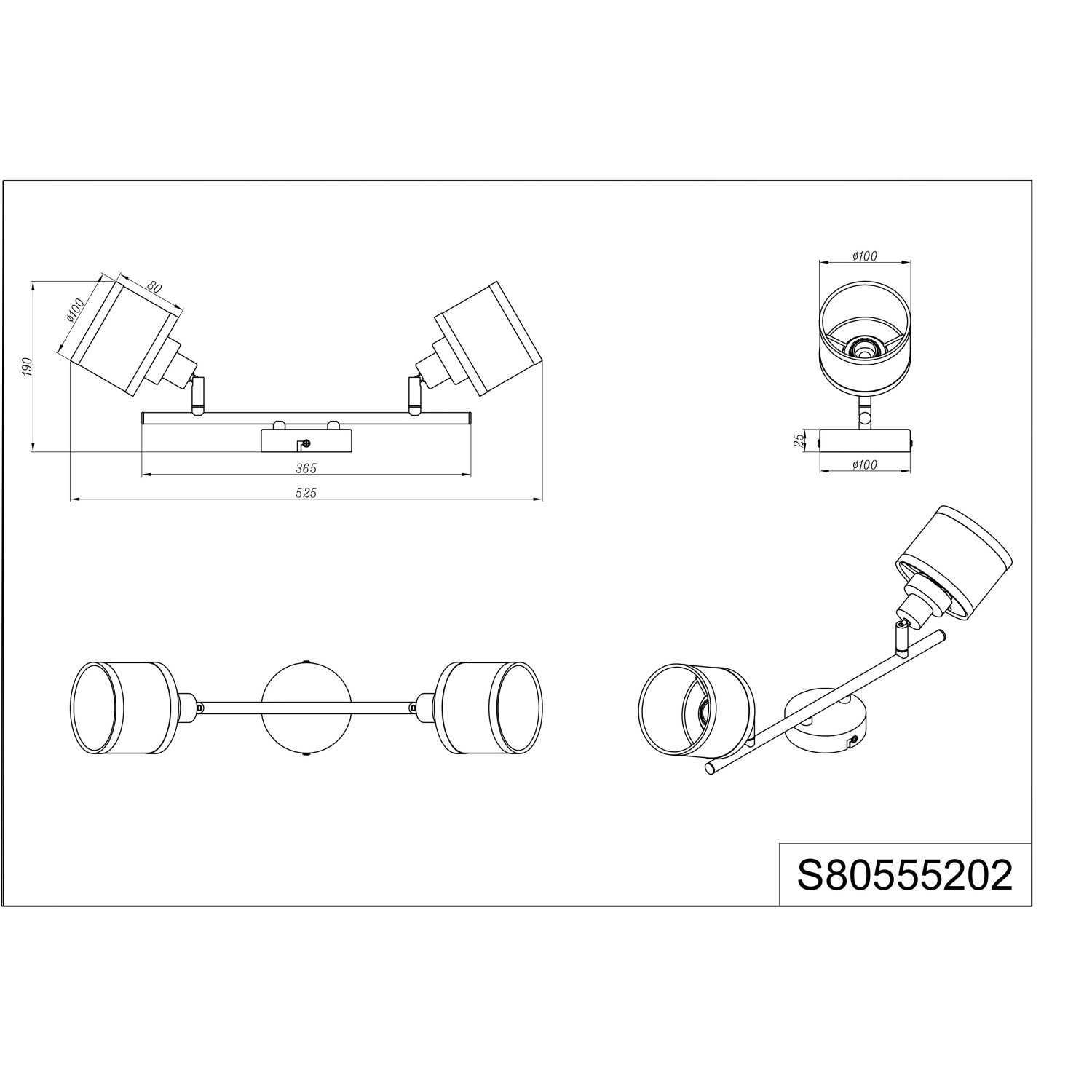 Technische Zeichnung: Trio Spot 2er Arosa Chrom, 2-flammige Deckenleuchte mit Stoffschirm in Grau.