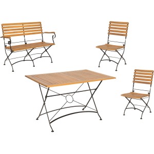 Acamp Gartenmöbel-Set Lindau: Tisch, Bank und zwei Stühle aus Teakholz und schwarzem Metall.