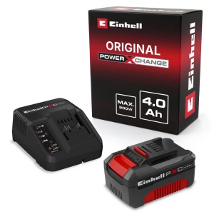 Einhell Power X-Change Starter-Kit: schwarzer 18V 4Ah Akku, Ladegerät und Verpackung für Elektrowerkzeuge.