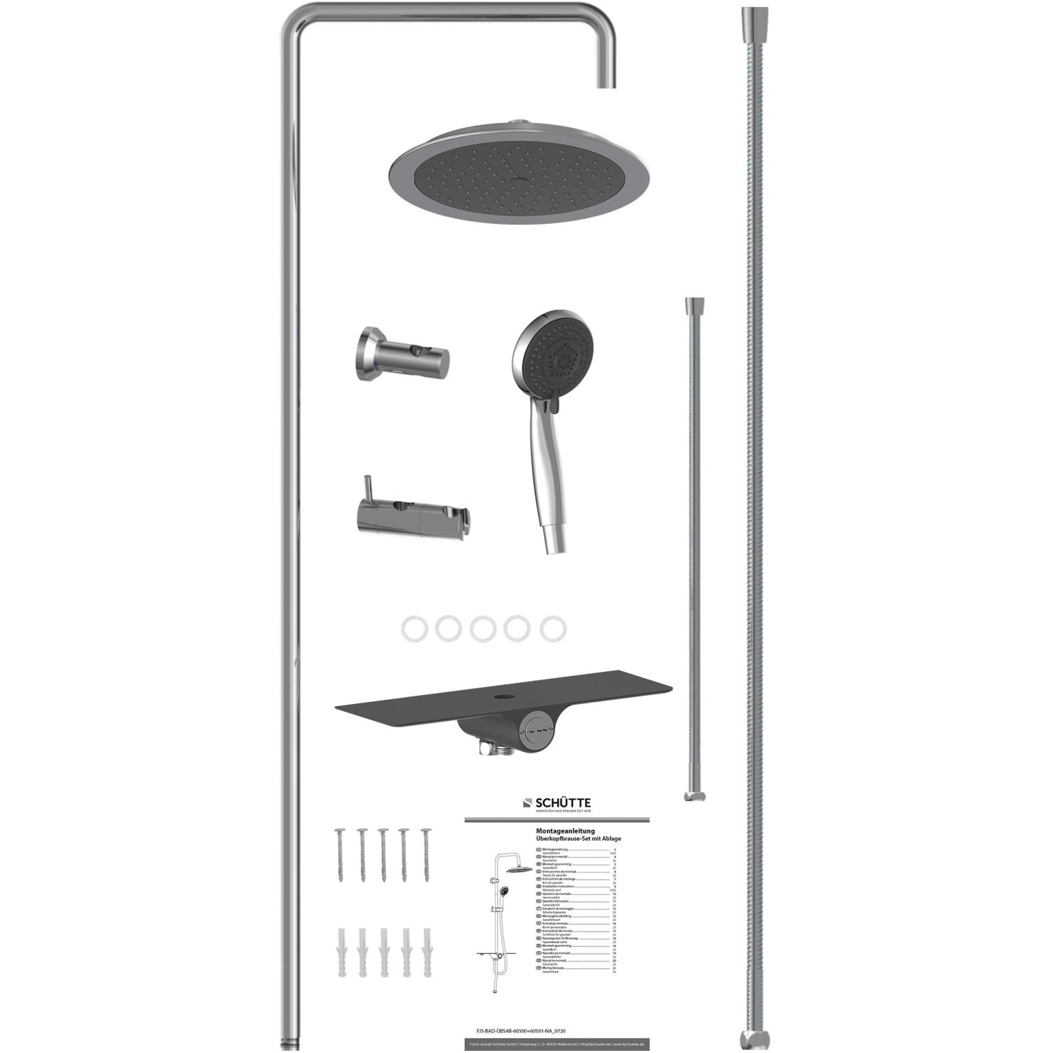 Schütte Aquastar Überkopf-Brauseset, Chrom-Anthrazit, mit Kopf- und Handbrause, Ablage und Montagezubehör.