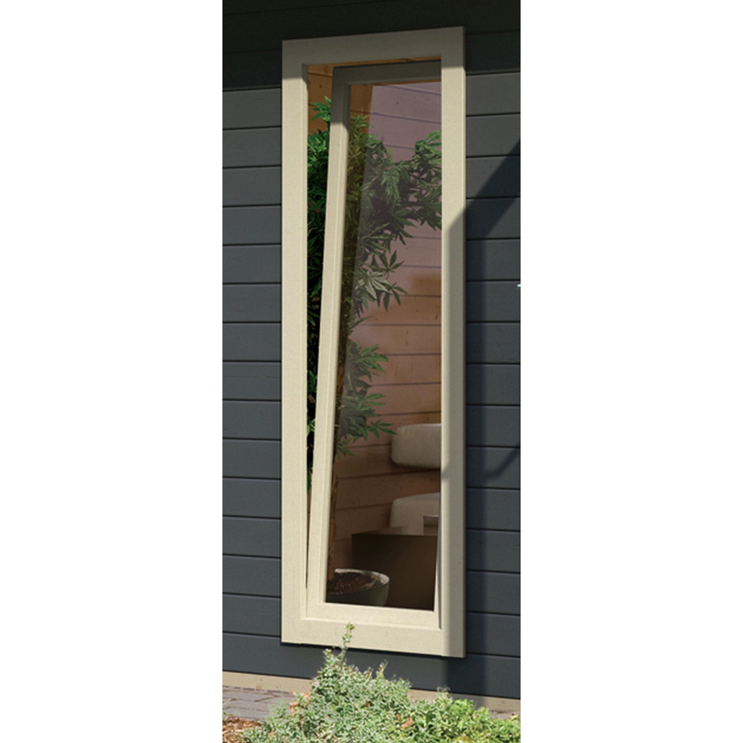 Detailaufnahme eines Fensters im terragrauen Karibu Holz-Gartenhaus Norrköping.