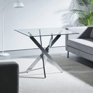 okwish Esstisch mit GlasTischplatte KreuzGestell KuecheWohnraum 80x80x75cm Silberfarben