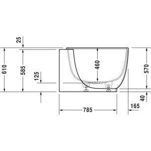 Technische Zeichnung der Duravit Luv Eck-Badewanne, 185x95 cm, mit Maßen. Ovale Badewanne für Ecke rechts.