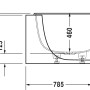 Technische Zeichnung der Duravit Luv Eck-Badewanne, 185x95 cm, mit Maßen. Ovale Badewanne für Ecke rechts.