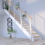 Treppe Kos mit 15 Stufen aus Eiche Rustik Natur und weißem Design-Geländer.