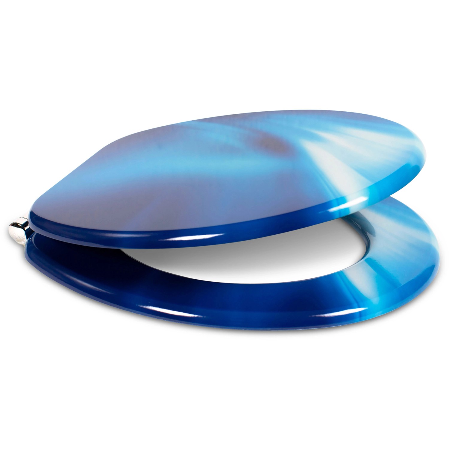 Sanfino WC-Sitz Wave, Toilettendeckel aus Holz mit Absenkautomatik, blaues Wellenmuster.