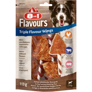 8in1 Triple Flavour Wings, getrocknete Hunde-Snacks mit Hähnchen, Rind und Schwein, 6 Stück.
