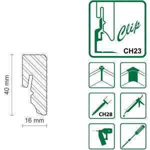 Detailaufnahme FN Neuhofer Sockelleiste L0152L, Kiefer weiß lackiert, mit Clip-System Schema.