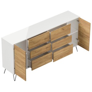 Posseik Sideboard Industrial R, weiß/Eiche, 200 cm, mit 6 Schubladen und 2 Türen.