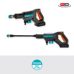 Gardena Akku-Mitteldruckreiniger AquaClean 24/18V P4A Set, zwei Ansichten. Akku-Hochdruckreiniger für Garten.
