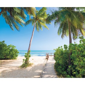 Komar Fototapete Vlies Palmy Beach: Strand mit Palmen und blauem Meer. Urlaubsfeeling für Zuhause.