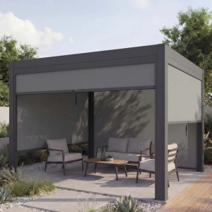 Anthrazitfarbene Pergola MCW L46 3x3m mit Seitenwänden und Aluminiumgestell.