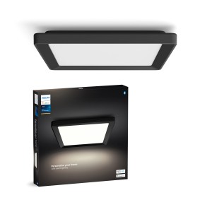 Philips Hue Tento LED-Panel White S, schwarze Deckenleuchte mit Verpackung.