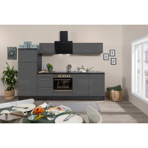 Respekta Premium Küchenzeile 270 cm in Grau Hochglanz/Eiche Grau mit E-Geräten.