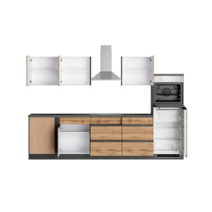 Moderne Winkelküche Turin in Wotaneiche-Graphit mit E-Geräten wie Herd, Kühlschrank und Dunstabzugshaube.