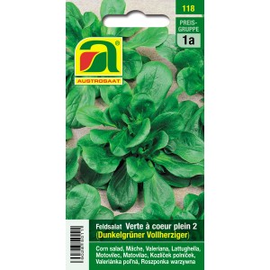 Saatgutpackung Austrosaat Feldsalat 'Verte à coeur plein 2' mit dunkelgrünen Blättern.