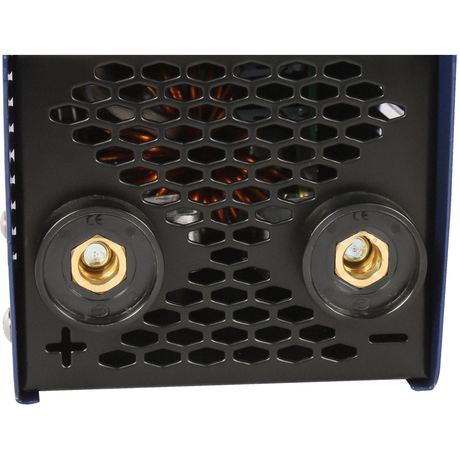 Detailansicht: Rückseite Atrox IGBT Inverter-Schweißgerät mit Anschlüssen und Lüftungsgitter.
