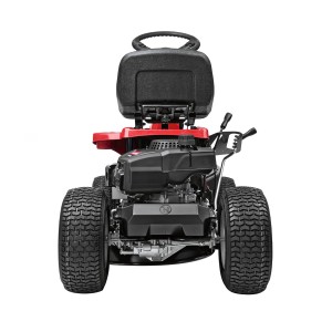 Troy-Bilt Aufsitzmäher Mini-Rider 60T-S, Heckansicht. Rasentraktor mit schwarzem Sitz und roten Details.