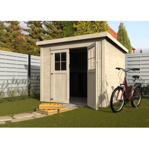 Decor et Jardin Gartenhaus Talion aus Holz, naturbelassen mit offener Doppeltür und Fahrrad davor.