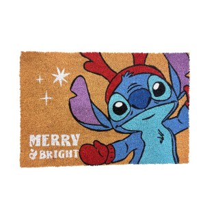 Disney Weihnachts-Fußmatte mit Stitch Motiv, Merry & Bright, 60 cm. Kokosfaser.
