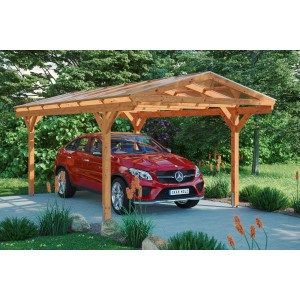 Skan Holz Carport Westerwald Eiche hell mit Auto. Einzelcarport aus Holz mit Doppelstegplatten.