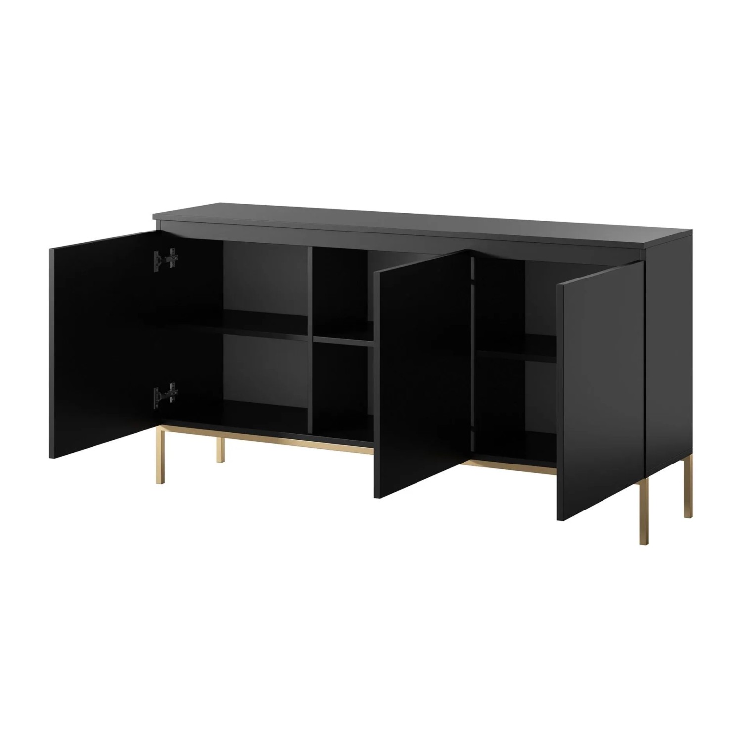 Schwarzes Selsey Sideboard Bemmi, 150 cm, mit drei geöffneten Türen und goldenen Beinen. Innen sechs Fächer für Stauraum.