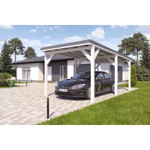 Holzbrüder Einzelcarport Ralf in Reinweiß mit dunkelgrauem Blechdach und Auto.