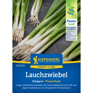 Kiepenkerl Lauchzwiebel Kaigaro: Frische, grüne Lauchzwiebeln mit weißen Schäften auf Saatguttüte.