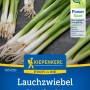 Kiepenkerl Lauchzwiebel Kaigaro: Frische, grüne Lauchzwiebeln mit weißen Schäften auf Saatguttüte.