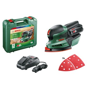 Bosch Akku-Multischleifer PSM 18 LI Set mit Akku, Ladegerät, Schleifpapier und Koffer.