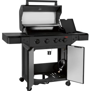 Schwarzer Jamestown Knox II Gasgrill mit 4 Brennern, offenem Deckel und Seitentisch.