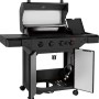 Schwarzer Jamestown Knox II Gasgrill mit 4 Brennern, offenem Deckel und Seitentisch.