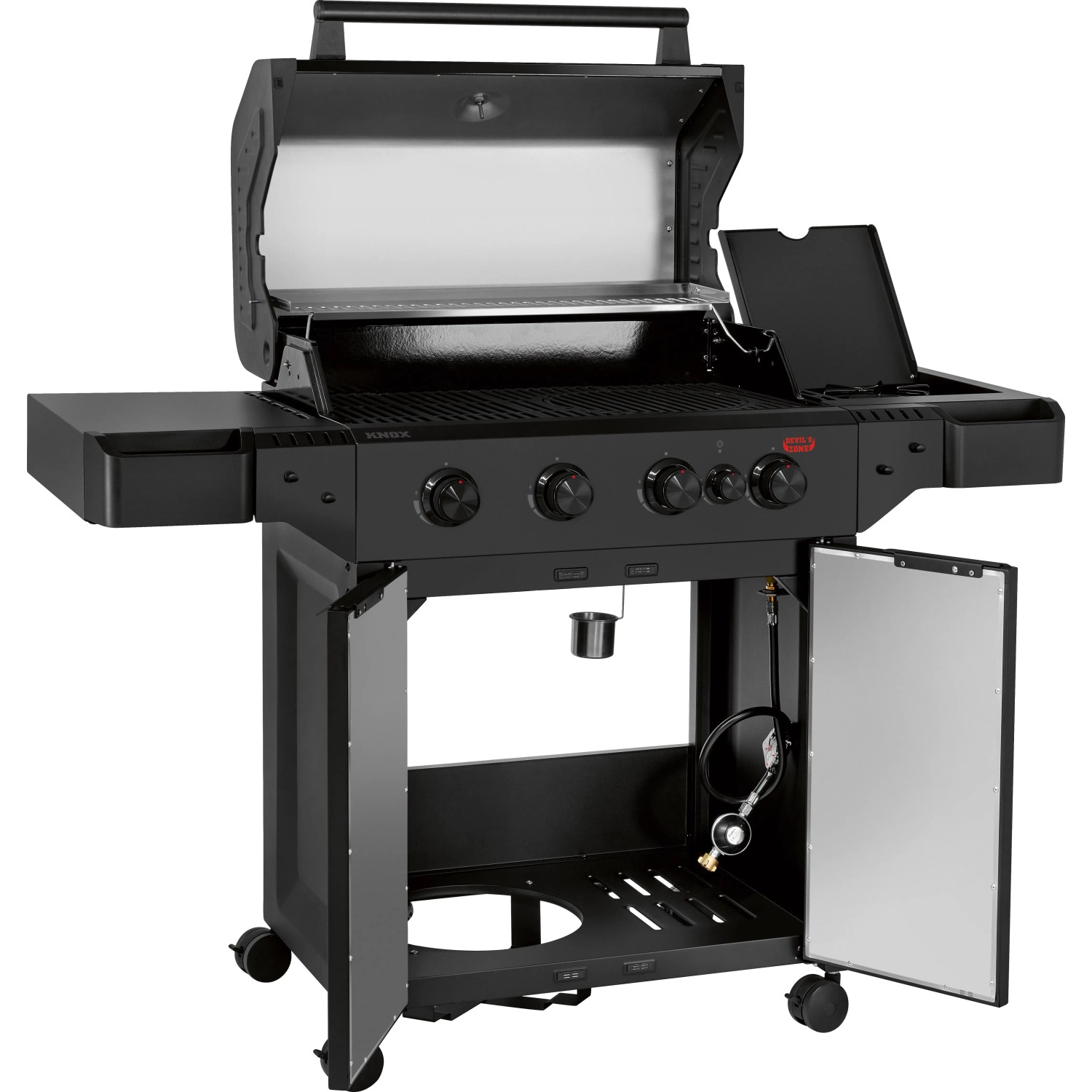 Schwarzer Jamestown Knox II Gasgrill mit 4 Brennern, offenem Deckel und Seitentisch.