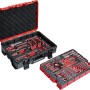 Einhell Werkzeugkoffer E-Case, 80-teilig, geöffnet mit Werkzeug-Sortiment in rot/schwarz.