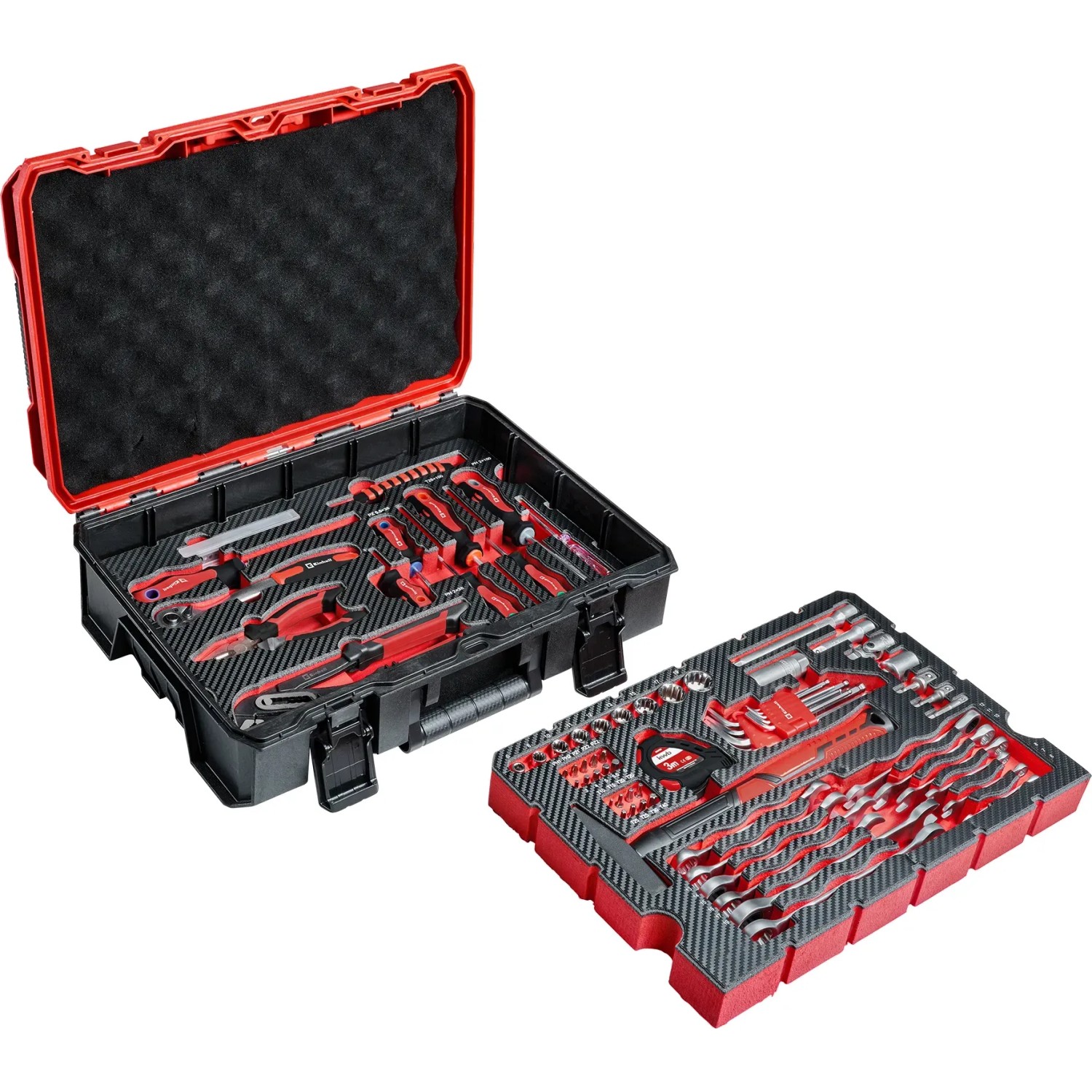 Einhell Werkzeugkoffer E-Case, 80-teilig, geöffnet mit Werkzeug-Sortiment in rot/schwarz.