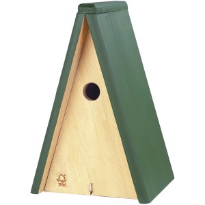 Grüner Nistkasten Miami aus Holz mit rundem Einflugloch für kleine Vögel.