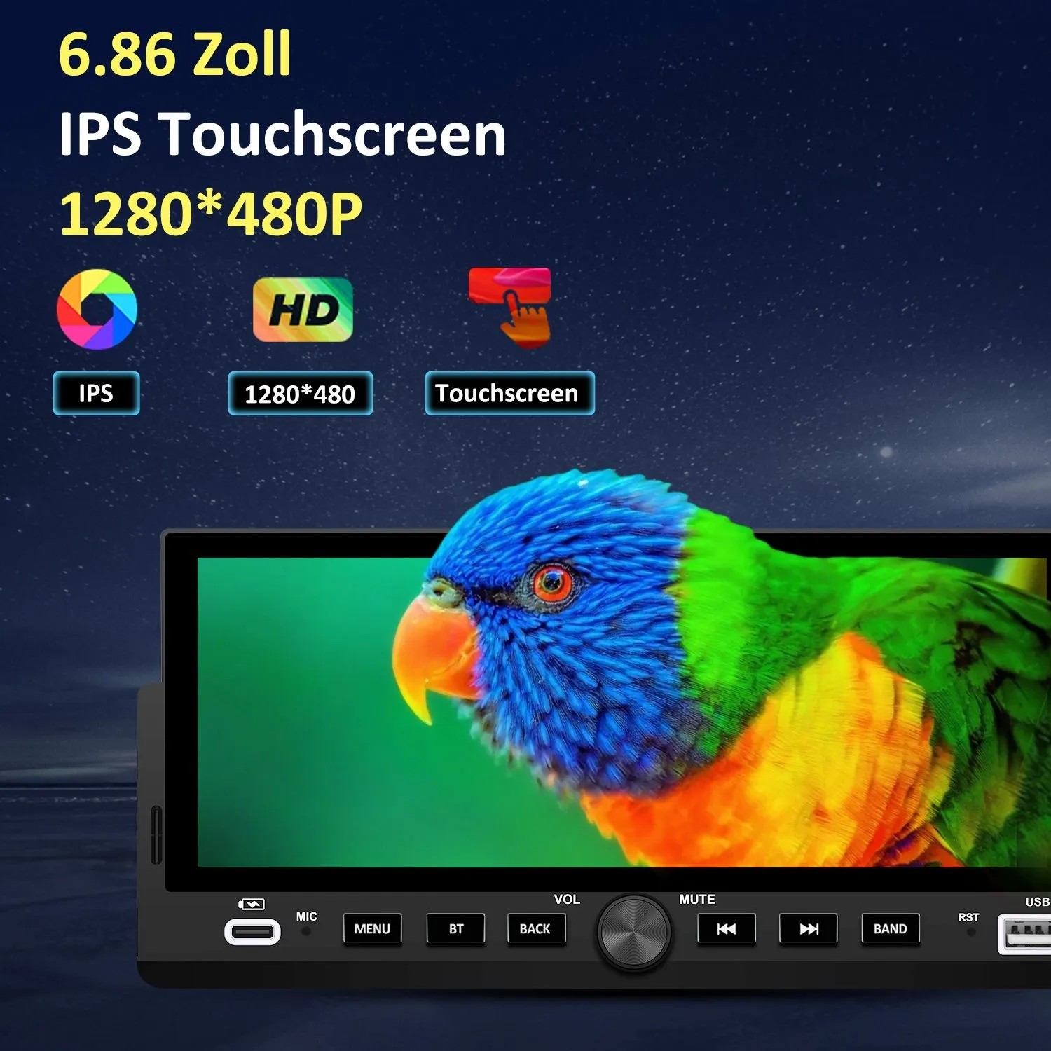 Junsun 6.9 Zoll IPS Touchscreen Autoradio mit CarPlay, Android Auto, Bluetooth und USB. 1 DIN Gerät.