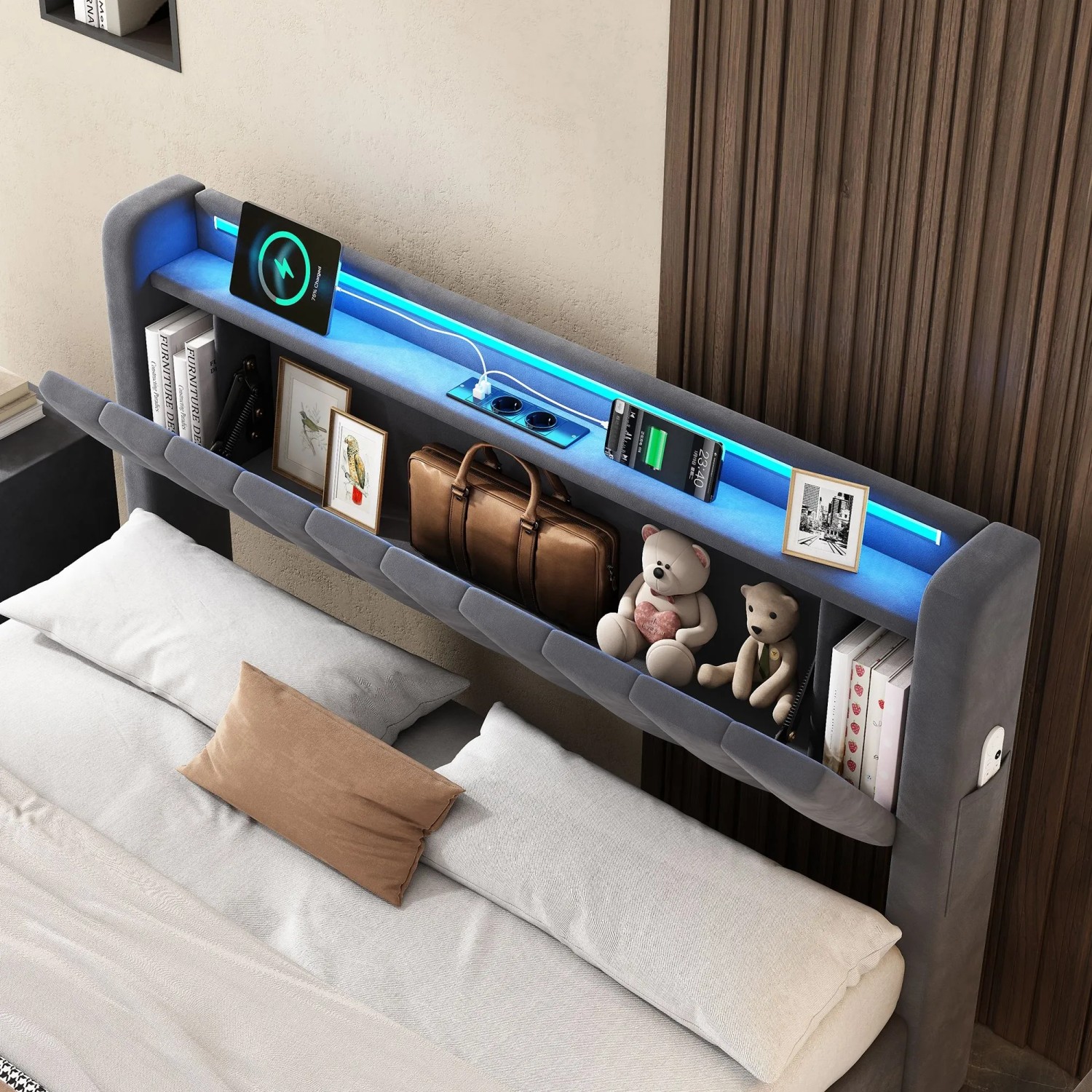 okwish Polsterbett mit Bettkasten LED-Licht Jugendzimmer 160x200cm Grau_6